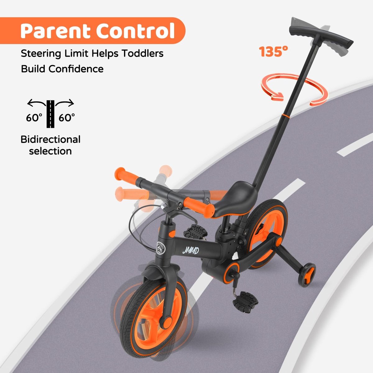 Omgoods - 6-in-1 Kinderfiets met Steunwielen en Verstelbare Duwgreep
