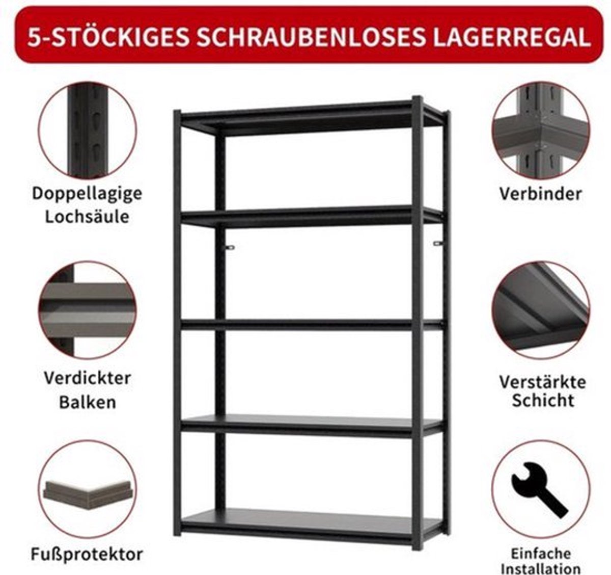 Stalen Rek – Metalen Stellingkast – Opbergrek – Werkplaatsrek – Garagekast – 5 Laags – Draagvermogen 650 kg – Verstelbare Hoogte – Krasbestendig – 160x80x40 cm