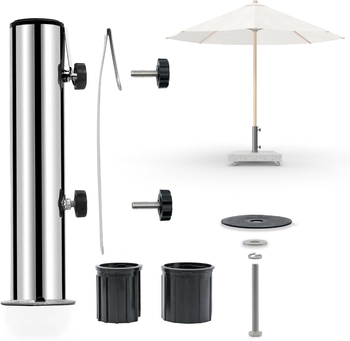 Parasolhouder voor balkon - Roestvrijstaal - Universele Standbuis 32 cm - Met Reduceerinzetstukken - Voor Parasolstokken tot 58 mm