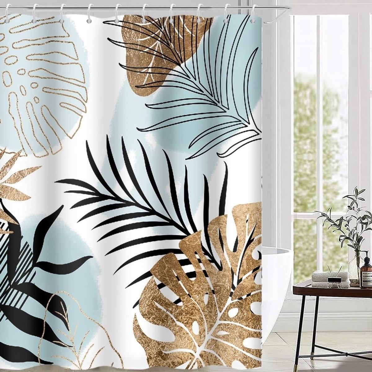 Douchegordijn, schimmelbestendig, douchegordijn 180 x 200 cm, hemelsblauw, tropisch, palmbladeren, abstract, jungle, badgordijnen, wasbaar, waterdicht, badgordijnen met 12 haken