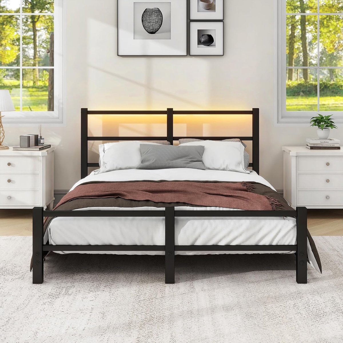 Bedframe met lattenbodem van metaal, metalen bed met opbergruimte, 16 cm hoog, metalen bed met lattenbodem en hoog hoofdeinde, logeerbed, geen boxspringbed nodig (zwart, 120 x 200 cm)