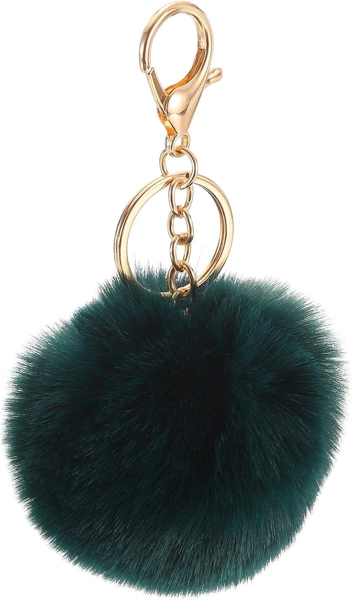 Pom Pom Sleutelhanger, 8 cm konijnenbontbal, zachte en schattige bontbal voor handtassen, dames, rugzakken, hangers (donkergroen)