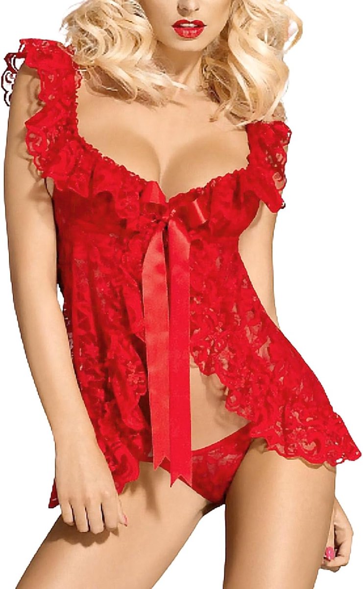 Sexy dameslingerie, babydoll, kant, transparant, nachthemd met V-hals, open voorkant en string, lingerie, strik, nachtkleding, pyjamaset, verstelbare bandjes