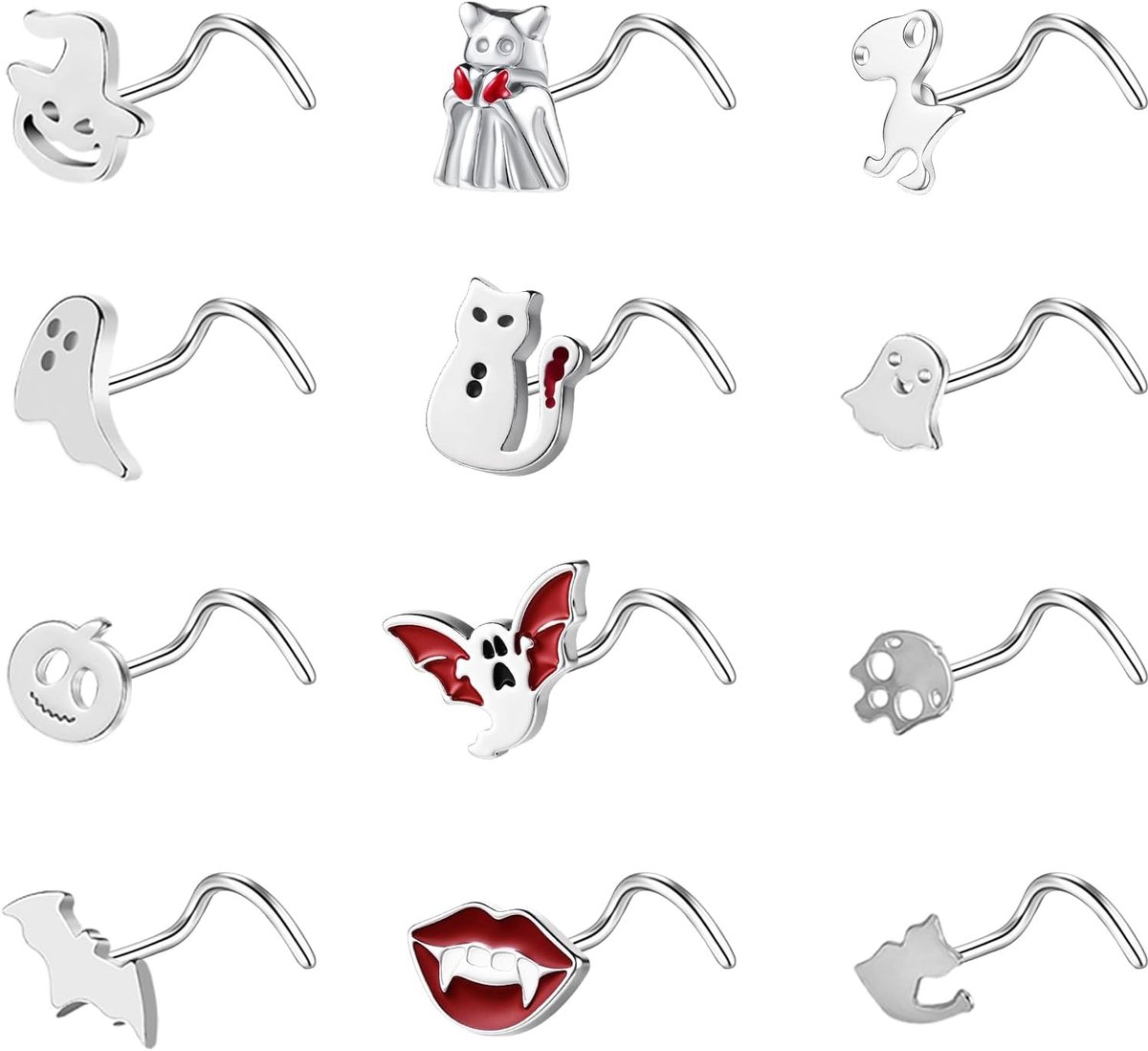 12 stuks 20G roestvrij staal hypoallergene neusring - Halloween vleermuis schedel pompoen L-vormige kurkentrekker neus stud zilver zwart neusgat piercing sieraden voor vrouwen mannen