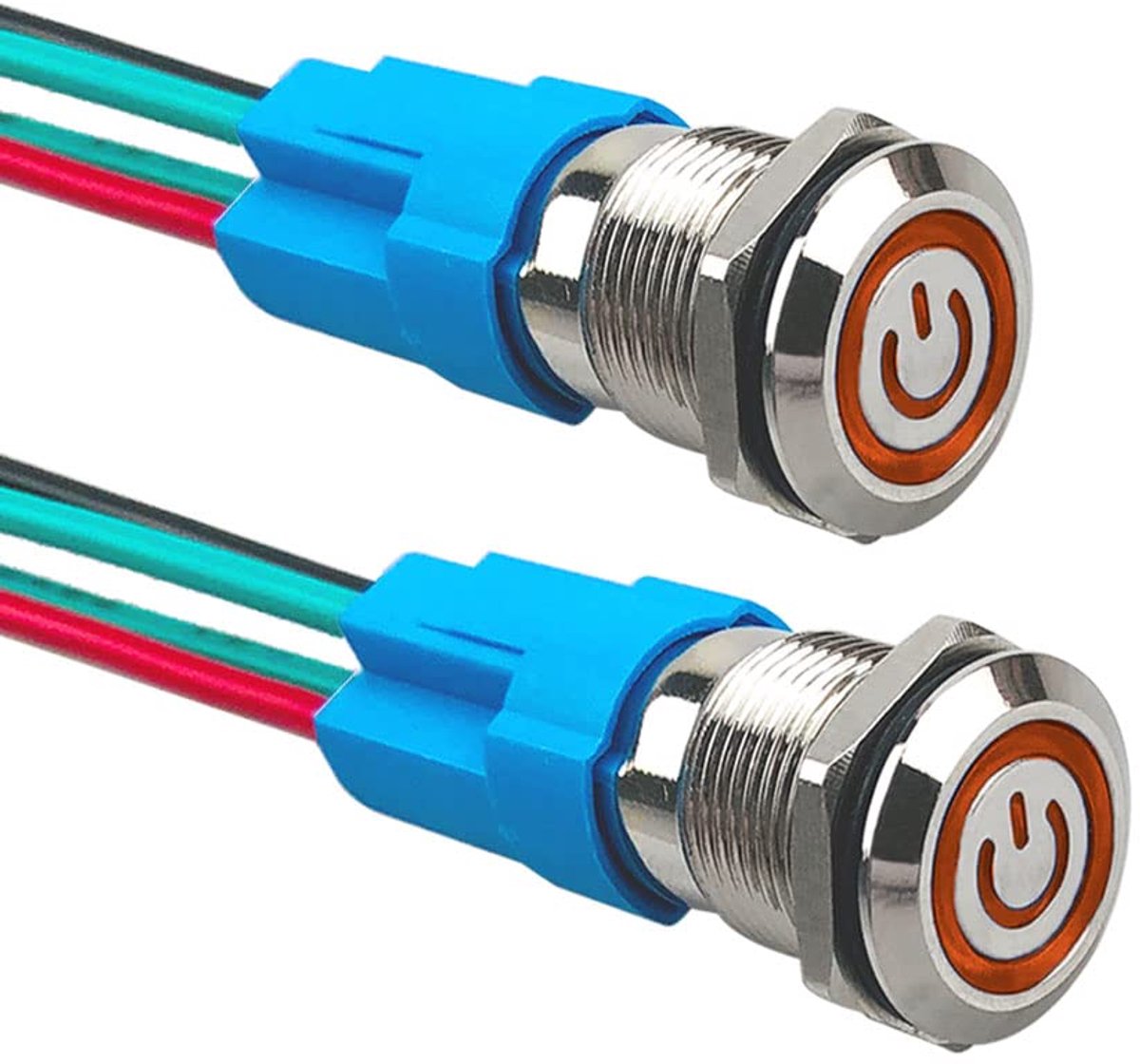 2 stuks 12 mm vergrendelende drukschakelaar, 12 V / 24 V 3 A, auto-ontsteking, startschakelaar, IP66 waterdichte roestvrijstalen drukschakelaar, met voorbedraad stopcontact (geel LED)