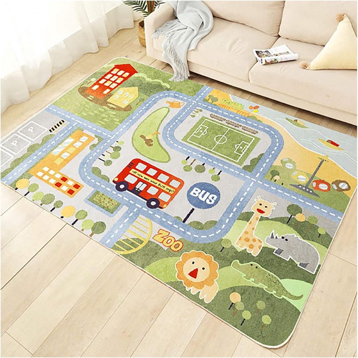 Speeltapijt Straatauto Dierenuniversum Blauw Groen Grijs(Maat: 80×120cm)