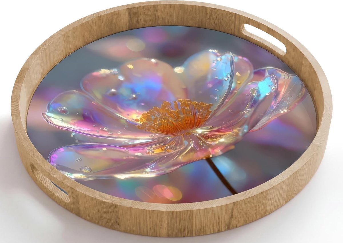 Rond 50x50 cm Houten Dienblad Met Handgrepen Eikenhout Krasbestendig Hittebestendig Wooden Serving Tray Koffie Eten Bloem - Transparant - Pastelkleuren - Druppels