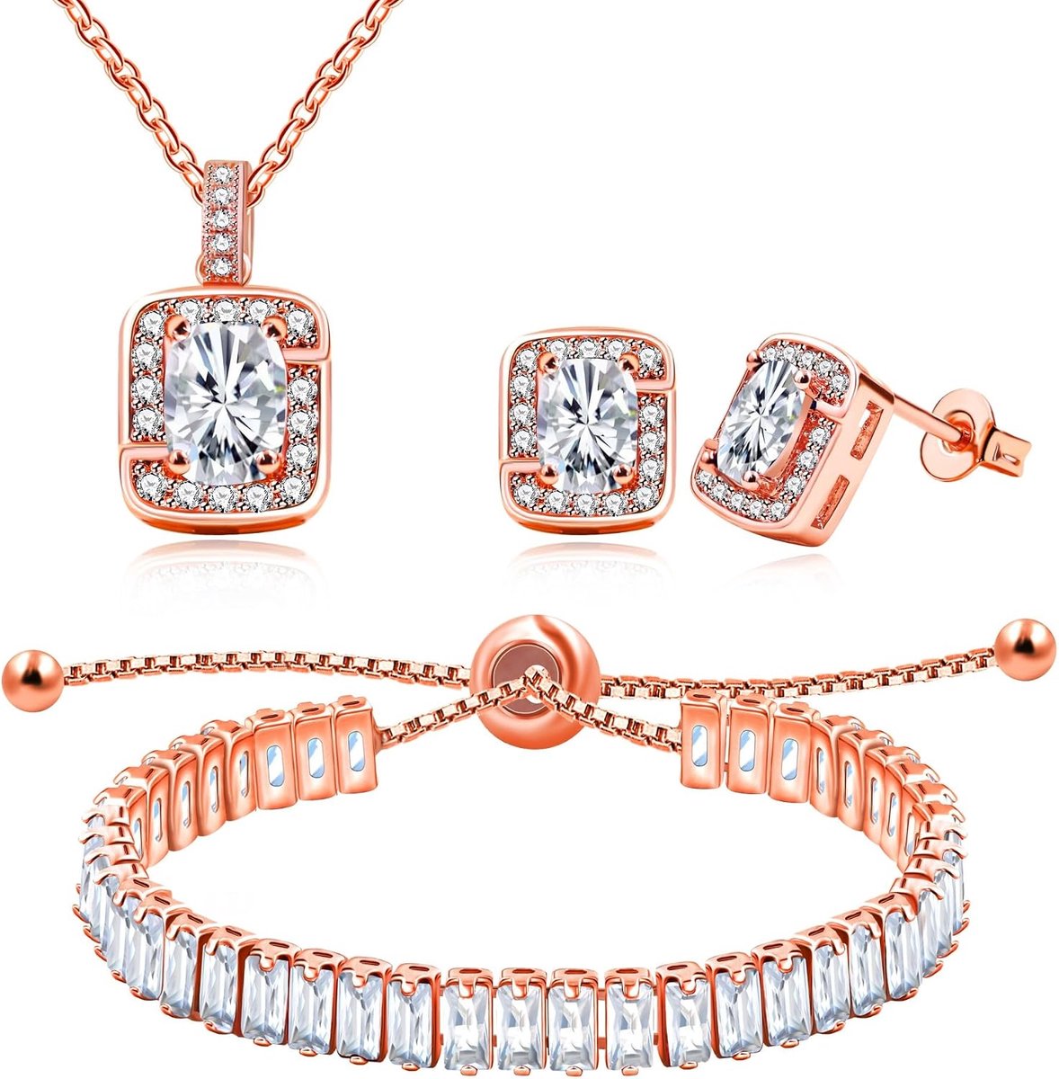 Zirconia Ketting Tennis Armband Stud Oorbellen Set voor Vrouwen | Rechthoekige Cut Zirkoon Sieraden voor Kerstmis Verjaardag Afstuderen Valentijnsdag Y3611