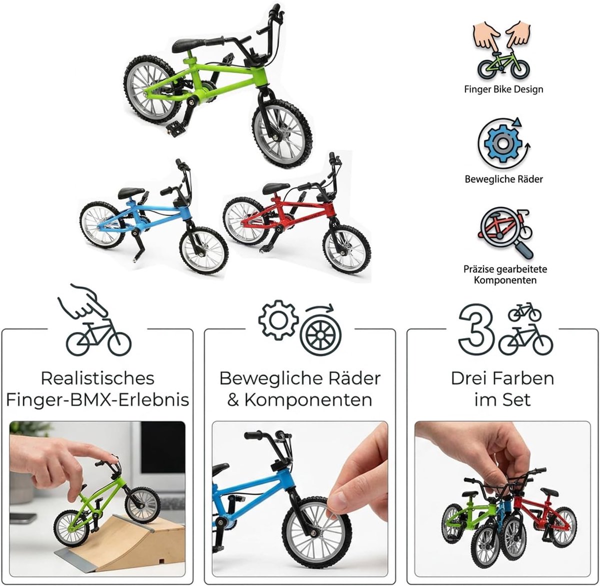 3 stuks vingerfiets miniaturen, vingerfiets en mini BMX-modellen | Vinger BMX en mountainbike replica voor verzameling, rood, blauw, groen