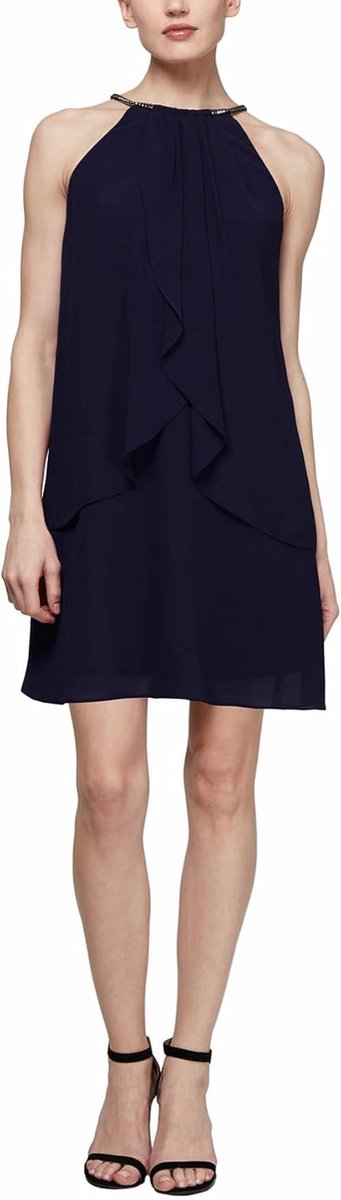 Fashions Women's Short Beaded Halter Neck Cocktail Gown, Wedding Guest, Party Dress, (Petite and Regular Sizes), Navy, 4P