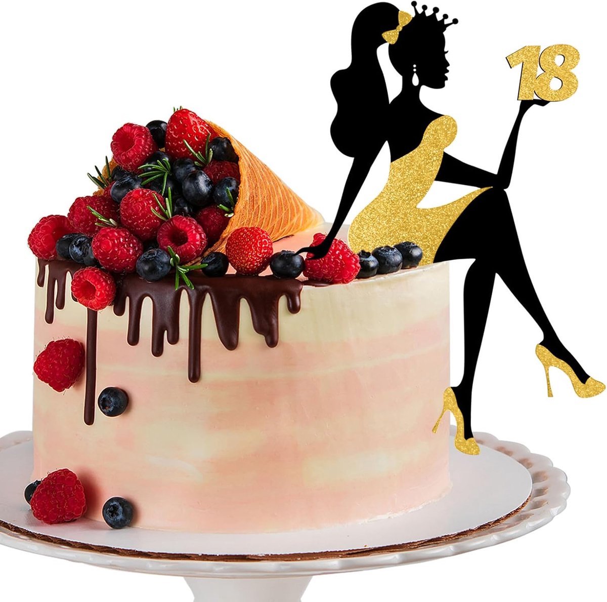 Mädchensilhouette Tortendeko, 18 verjaardag taarttopper glinsterende hoge hak meisje taart decoratie voor meisje dame vrijgezellenfeest thema verjaardag party taartdecoratie, zwart met