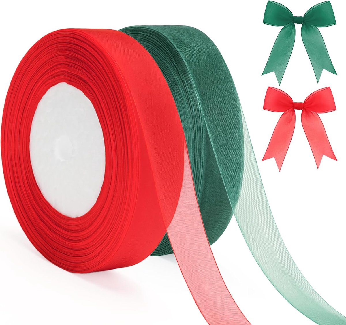 2 rollen kerstlinten: 2,5 cm, rood en groen, 50 meter chiffon, voor decoraties als cadeau, Kerstmis, bruiloft en doop