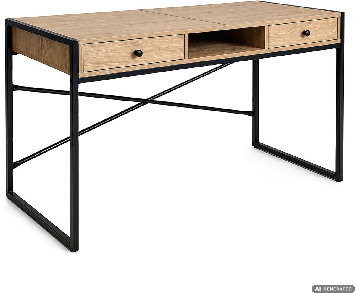 Computertafel Bureau ELONIS / Industrieel / 123 cm / Artisan Eiken / 2 Lades / 1 Plank / Zwarte Poten