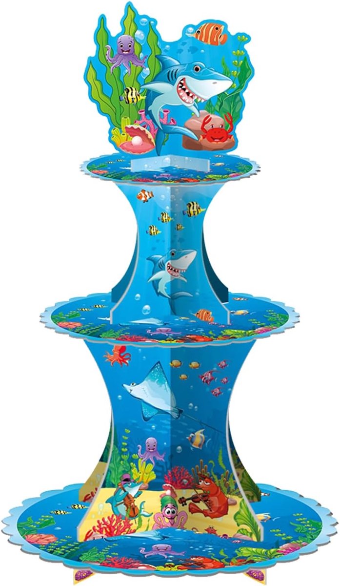 Oceaantaartstandaard van karton, 3 etages, oceaan, cupcake-standaard, houder, verjaardag, onder water, feestdecoratie, taarttopper, zeedieren, Happy Birthday Party, familiefeesten, banket