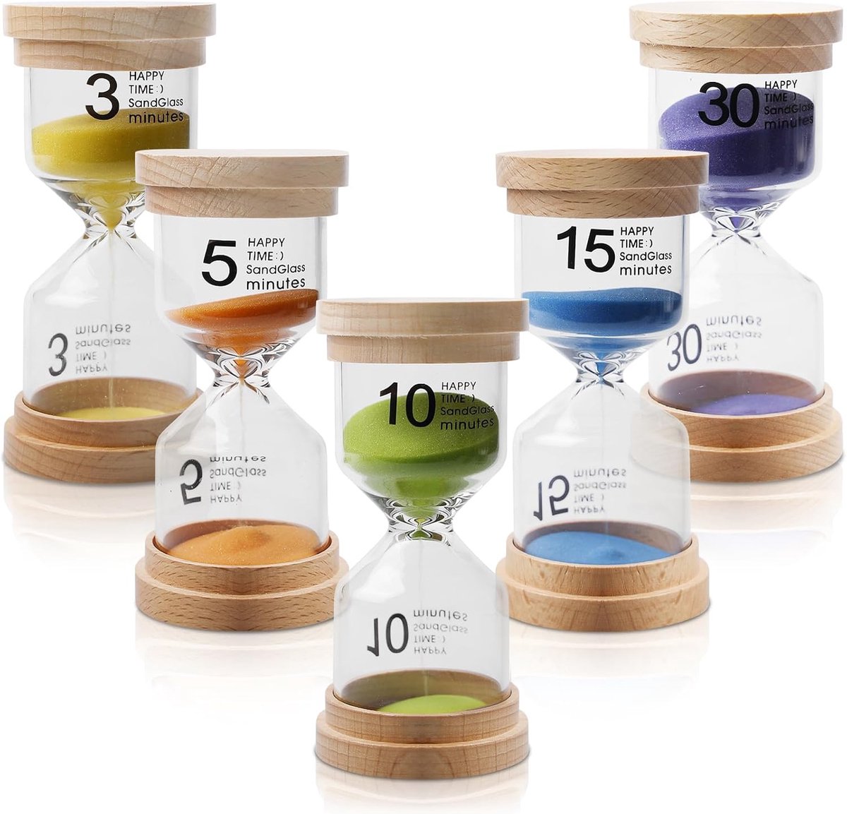5 stuks kleurrijke zandloperset voor kinderen, zandlopers, 5 kleuren, zandloper, 3/5/10/15/30 glazen timer voor school, kinderdagverblijf, klaslokaal, spelletjes, thuis, keuken, kantoor, theetijd