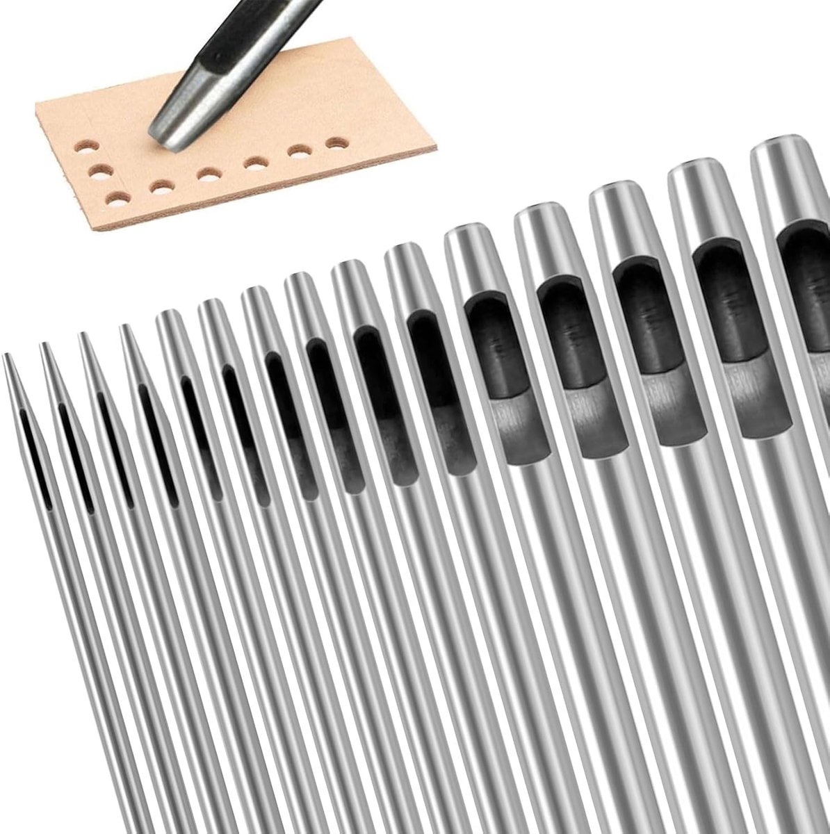 15 stuks stansgereedschapsset, lederen punch gereedschap, horlogebandje, afdichtingsriem, schoen, stof, canvas kleding, oogje, rond 0,5 - 8 mm (roestvrij staal)