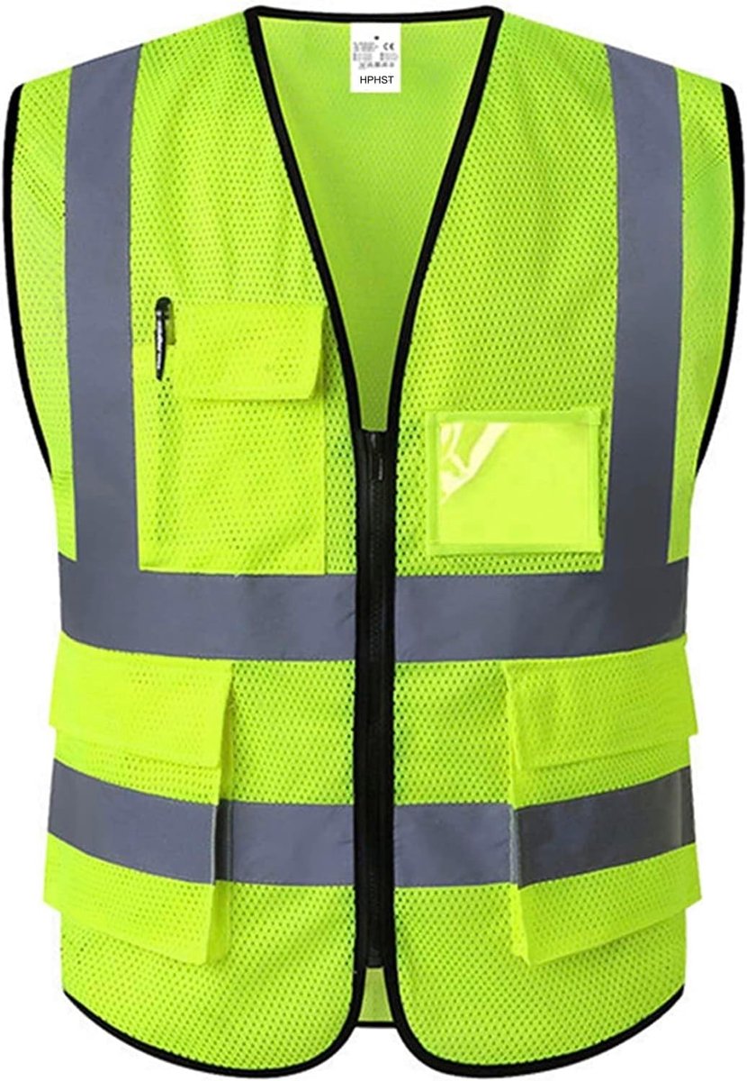 Veiligheidsvest voor heren en dames, hoge zichtbaarheid, fietsvest met ritssluiting, reflecterend vest, werkvest, geel