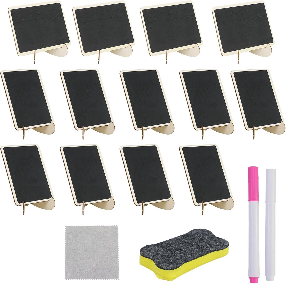 Set van 13 mini-borden met standaard - Kleine schrijfborden met afneembare krijtstift - Houten display voor tafelkaartjes, verjaardag, plaatsaanduiding, bruiloft