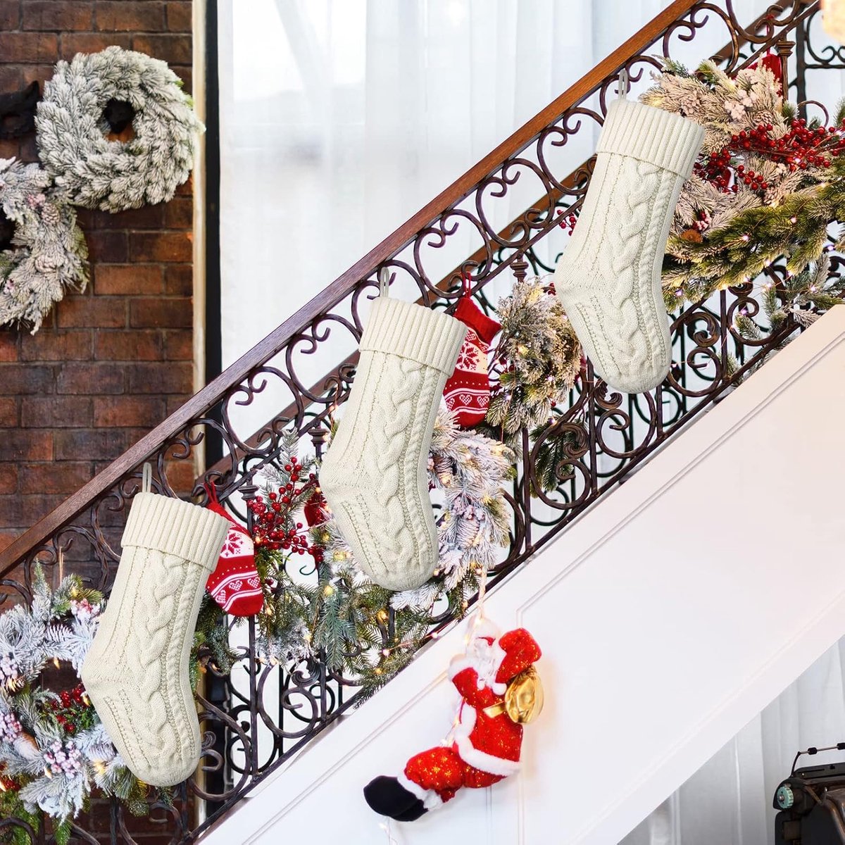 Kousen, gebreide kerstkousen, dubbelzijdige 45 cm open haardkousen voor familie kerstdecoratie (ivoor, 3)