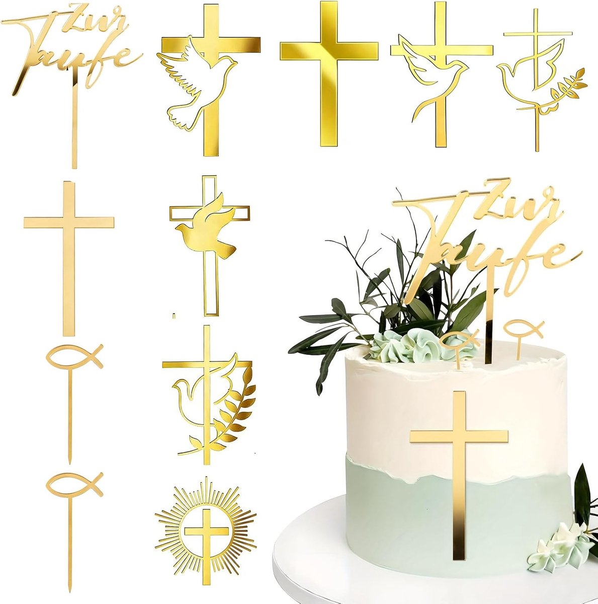 11 stuks toppers, taartdecoratie, communie, goudkruis en duif, taartdecoratie voor verjaardagstaart, decoratie in visvorm, van acryl, taarttopper, spiegel voor feestjes, bruiloften
