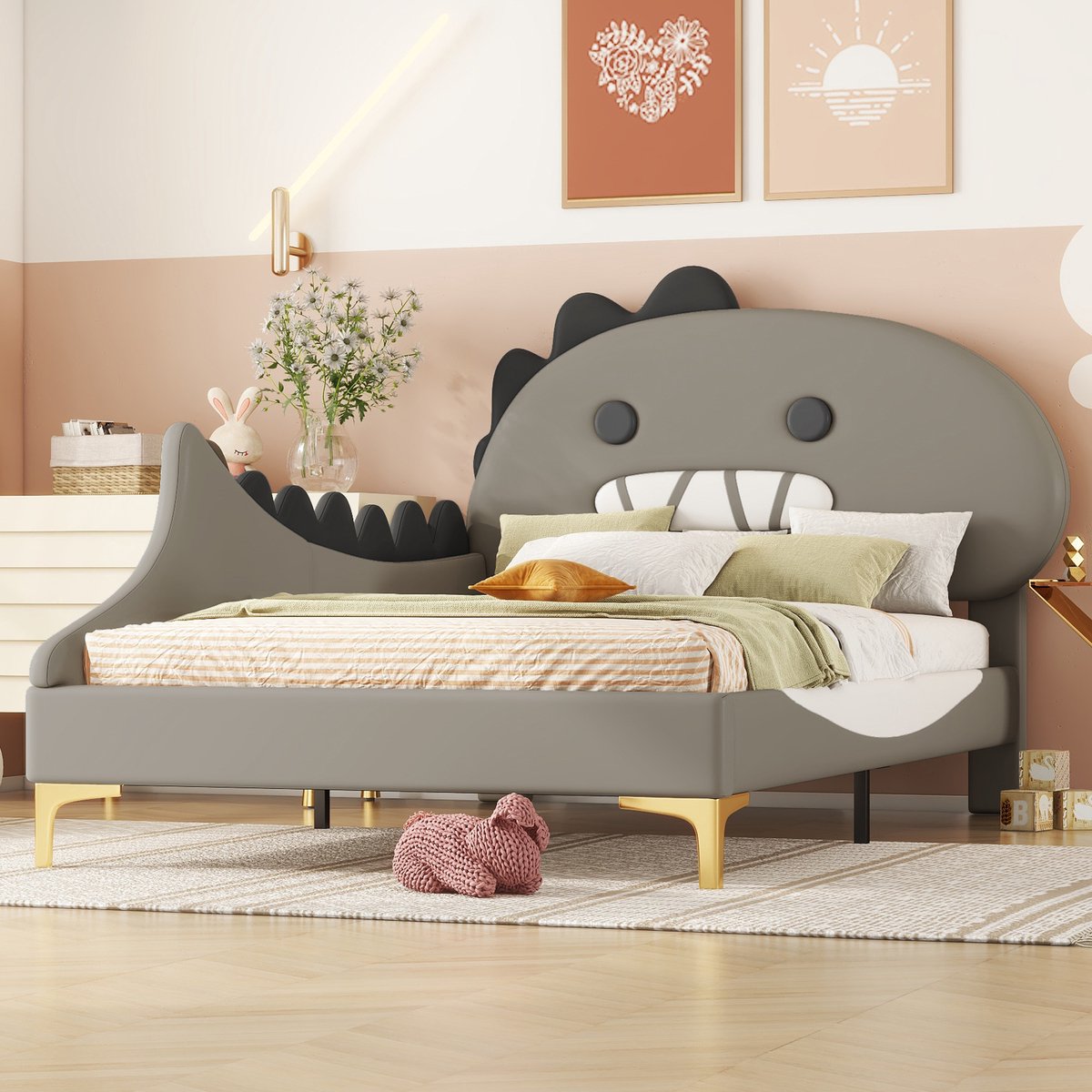 Kinderbed - voor matras 90 x 200 cm - grijs - met lattenbodem - afmetingen 94 x 209 x 110 cm - matras niet inbegrepen - voor de slaapkamer