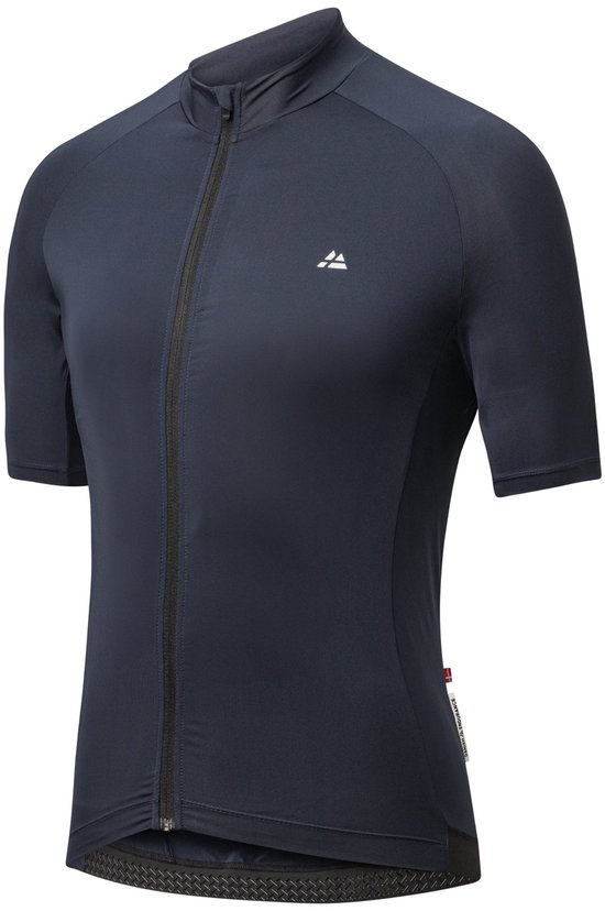 Maillot de cyclisme bleu marine à manches courtes pour hommes, avec une fermeture éclair sur le devant.
