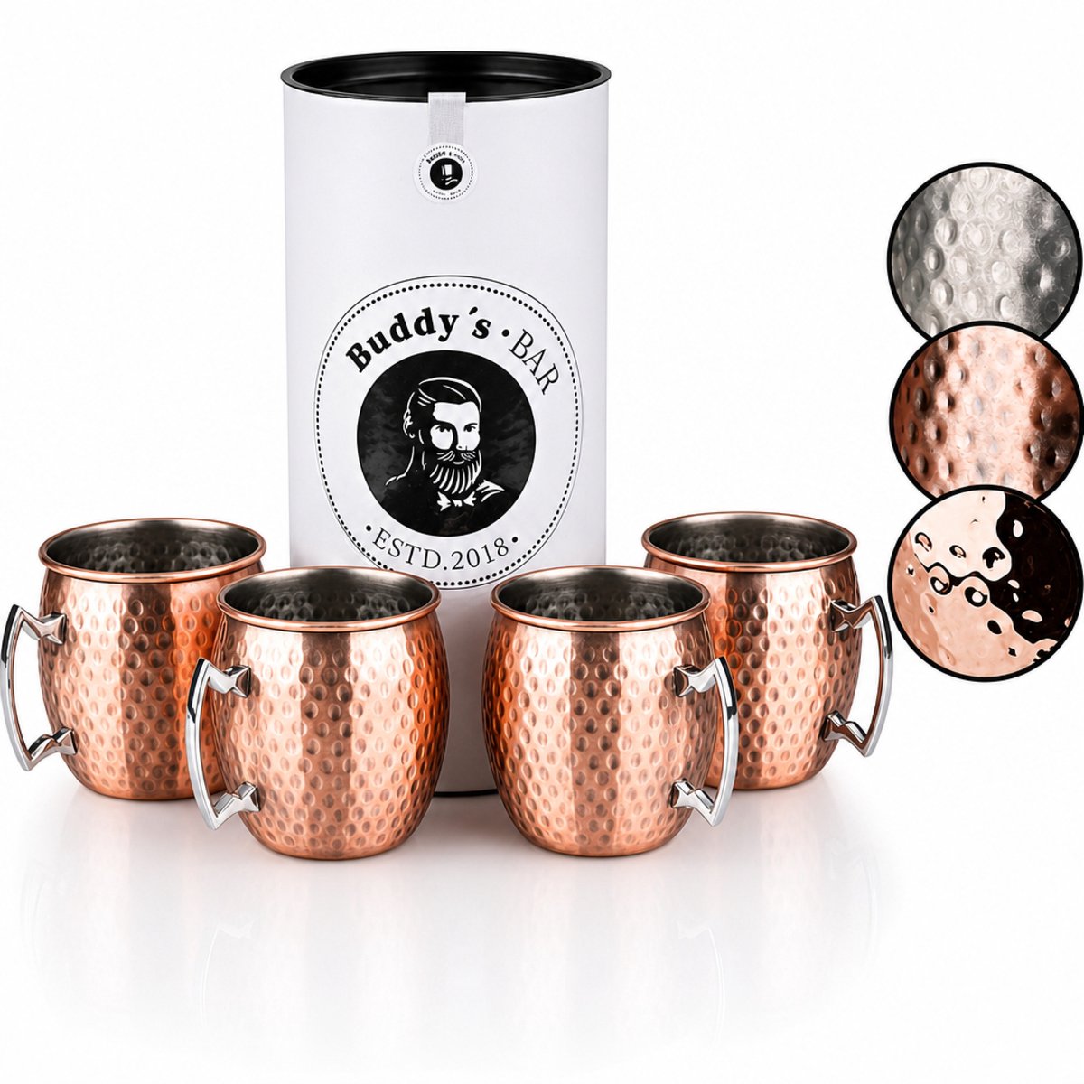 Buddy's Bar Moscow Mule Bekers - Cocktailglazen - Set van 4 Koperen Bekers - RVS met Aniek Koperen Coating - Met Geschenkverpakking - 500 ml