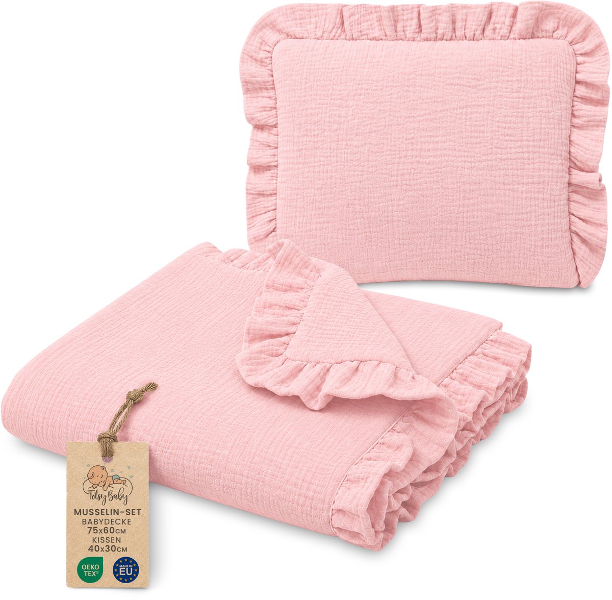 Katoenen Babydeken Set Set: Babydeken 75x60 cm + Kussen 40x30 cm Katoen Muslin voor Kinderwagen Wieg Ledikant Ademend met Ruches Lichtgewicht Zomerdeken Pasgeboren Poederroze
