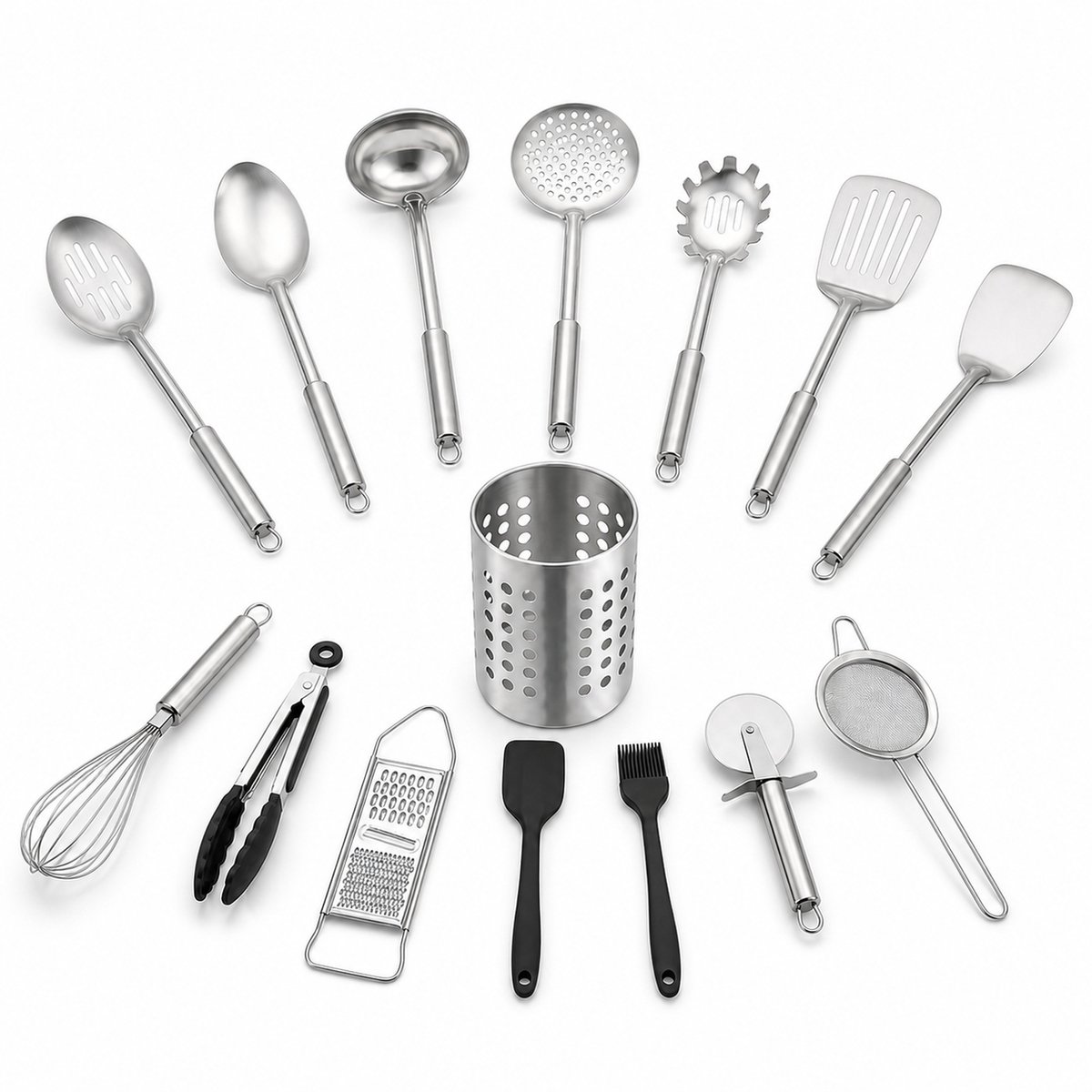 JustValue Keukengerei Set - 15-delig - RVS - Met Houder - Zilver