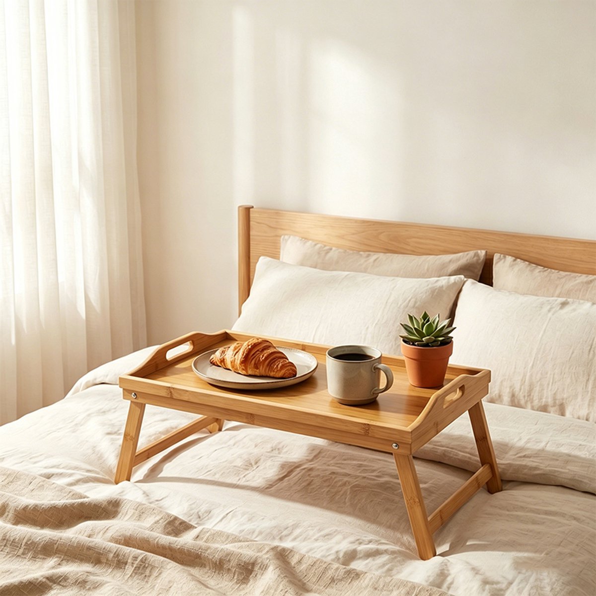 Opvouwbaar Serveerblad Van Bamboe, Nachtkastje Met Inklapbare Poten, Multifunctioneel Ontbijtblad Voor Op Schoot, Opklapbare Bedtafel. — cadeau in Koken & Dineren - foto 5