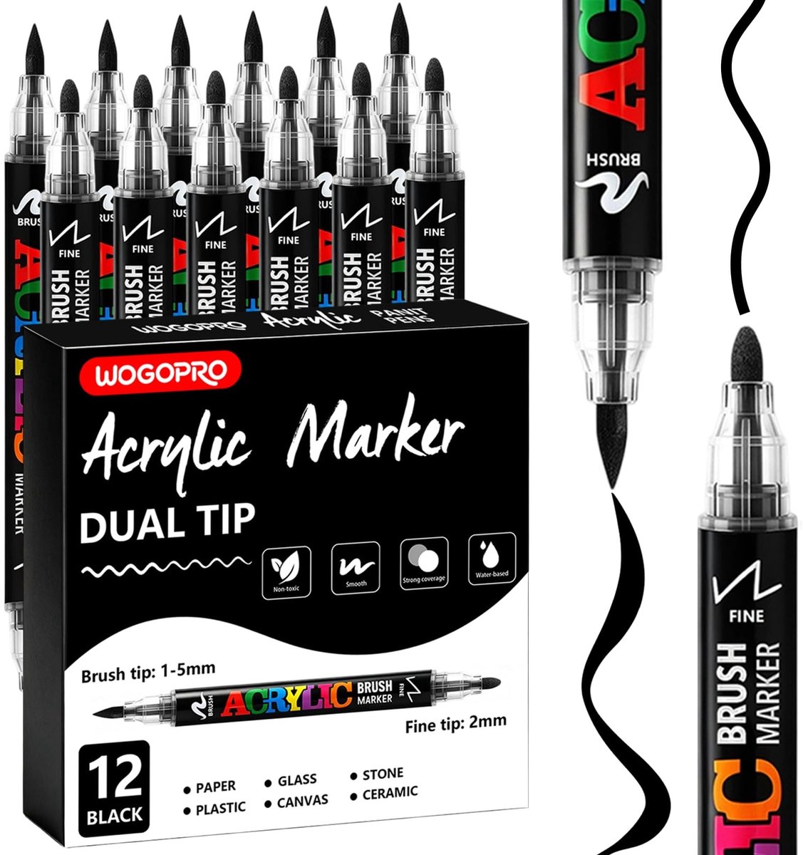 Omgoods - 12 Zwarte Acryl Viltstiften met Dubbele Punt