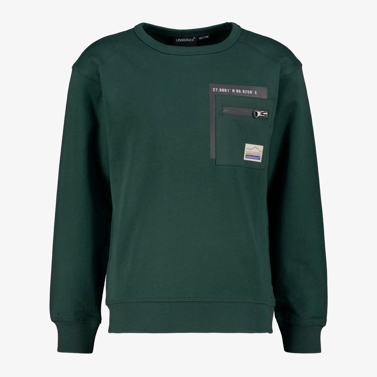 Unsigned jongens sweater met borstzakje donkergroen - Maat 146/152