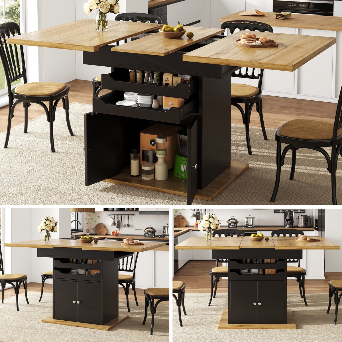 Intebiki Uitschuifbare eettafel (110/140×80 cm) - Keukentafel met twee lades - Biedt plaats aan 4-6 personen - Zwart + natuurlijke kleuren