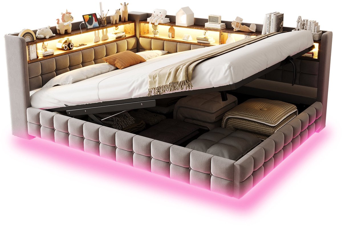 Merax Slaapbank 140 x 200 cm - Gestoffeerd Bed Met Opbergruimte - Hydraulisch Hefmechanisme - LED Verlichting - Stopcontact - USB en USB-C - Fluweel - Lichtgrijs