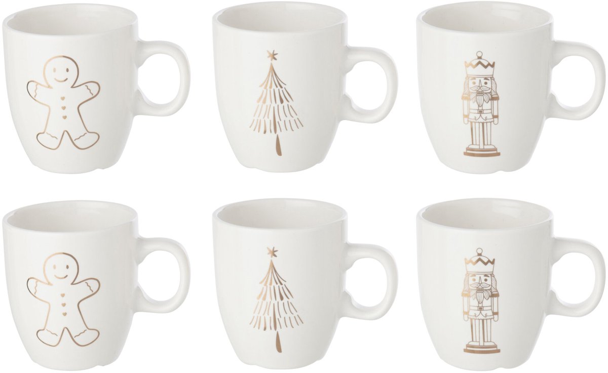 J-Line kopje Kerstmis - porselein - wit/beige - 6 stuks