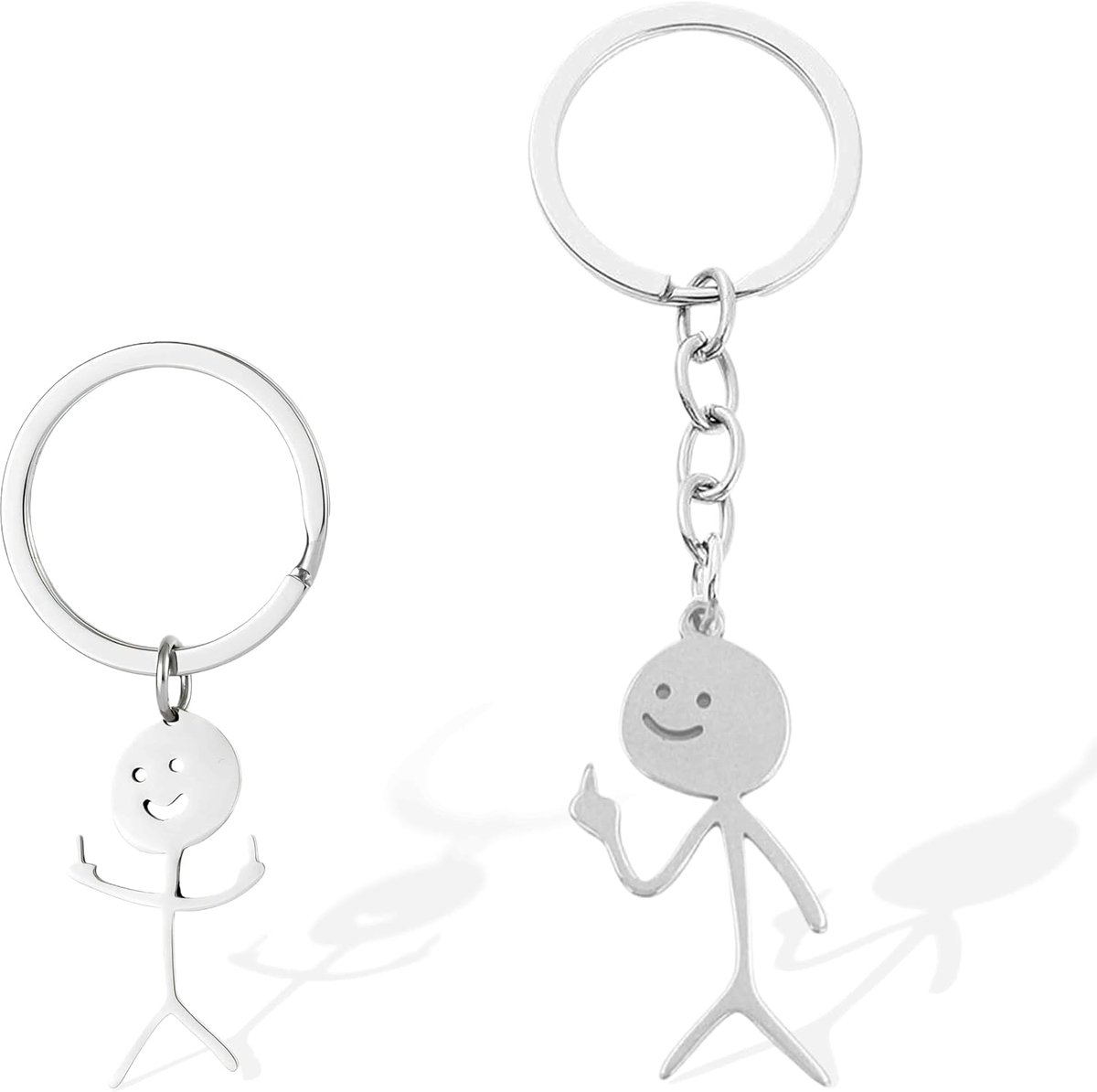Set van 2 grappige sleutelhangers met smiley gezicht en tekentaal, sleutelhanger vinger stickman, schattige trendy tas auto sleutel hanger paar cadeau sleutelhanger