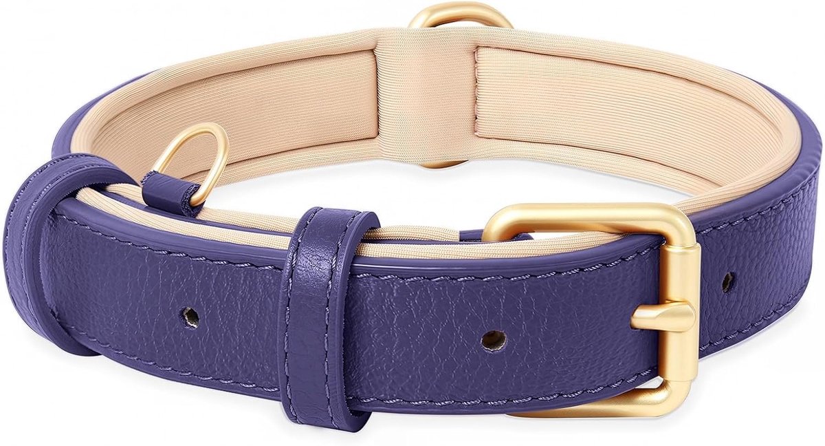 Zacht Lederen Hondenhalsband voor Klein Honden Ademend Gevoerd met D-ring, Verstelbare Klassieke Hondenhalsband, Paars,S