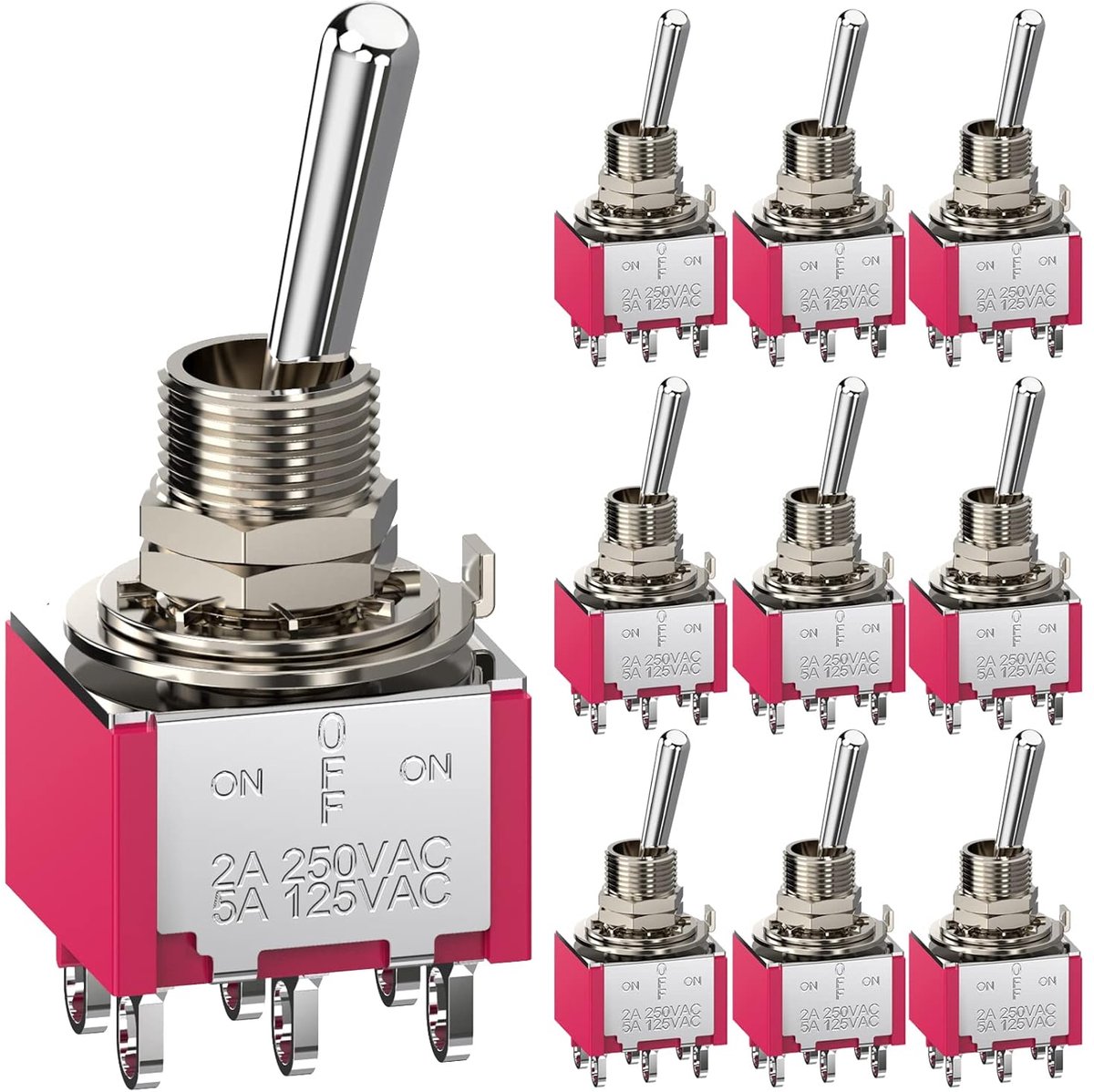 Schakelaar, AC 5 A/125 V, 2 A, 250 V, 6-polige aansluitingen aan/uit, 3 standen, DPDT-tuimelschakelaar, miniatuur tuimelschakelaar, auto, dashboard, 10 stuks
