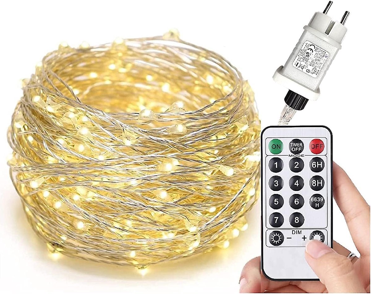 200/300 LED micro zilverdraad lichtketting stroomvoeding decoratie voor binnen en buiten warm wit (warm wit 8 modi timer dimbaar, 300 LED)
