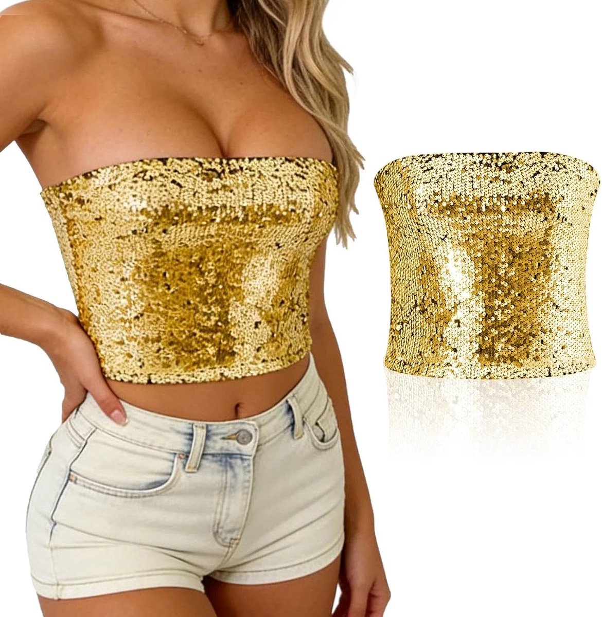 Vrouwen Pailletten Tube Top, Sparkly Gold Strapless Crop Tops, Stretchy Sleeveless Top Glitter Bandeau Borst Wrap Top