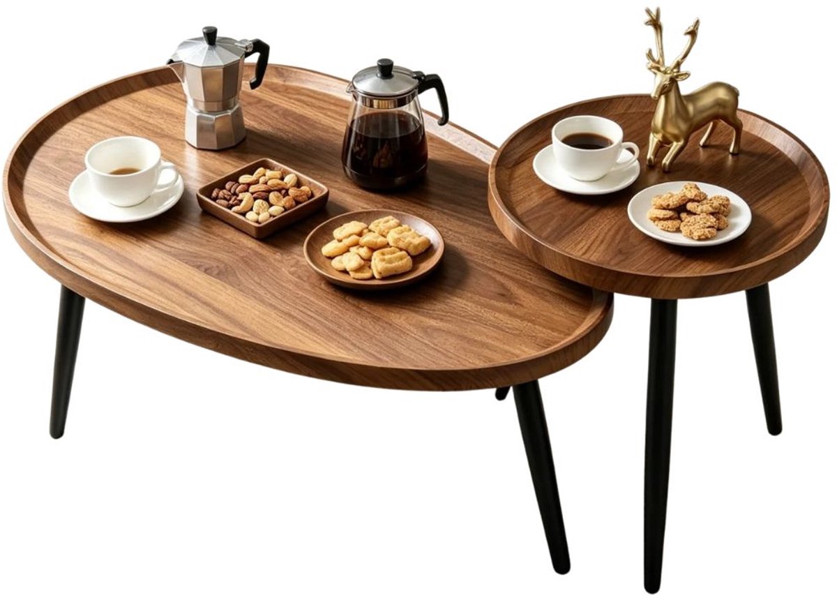 G&G salontafel set van 2 tafels - Koffietafel - Bijzettafel - Ovaal - Rond - Walnoot - Organisch - 3cm MDF - Metaal - Bruin