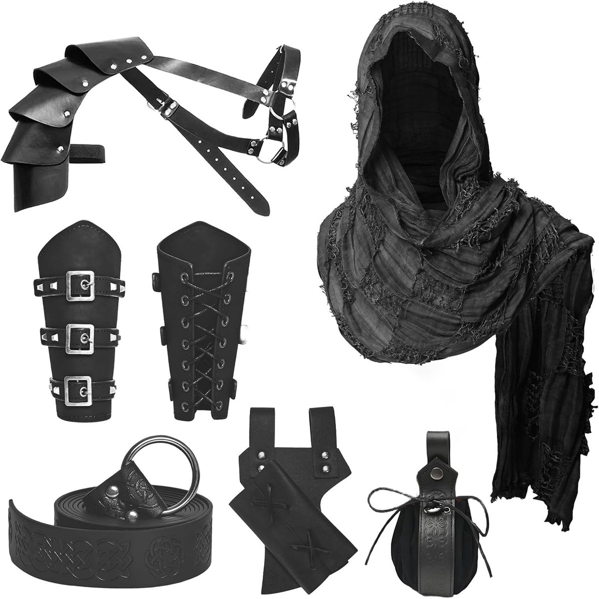 Ridderaccessoireset voor mannen en vrouwen - 6 stuks renaissancekostuumkit: riem, sjaal, armbracers, schouderpantser, zakje, zwaardkikker, spelden (Viking/Scandinavische stijl)