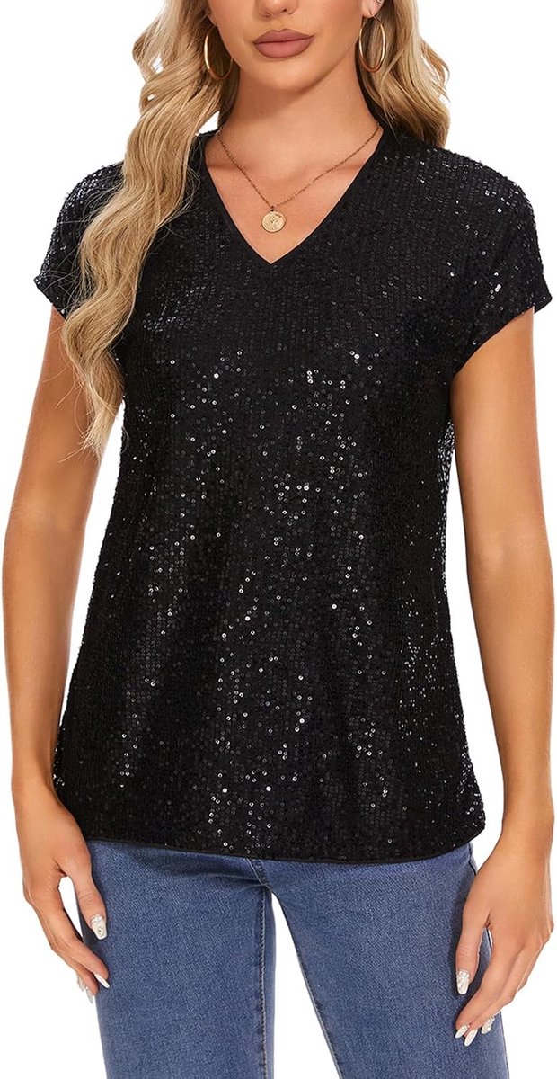 Dames pailletten glitter top korte mouwen V-hals T-shirt blouse cap mouwen vrije tijd party festival club