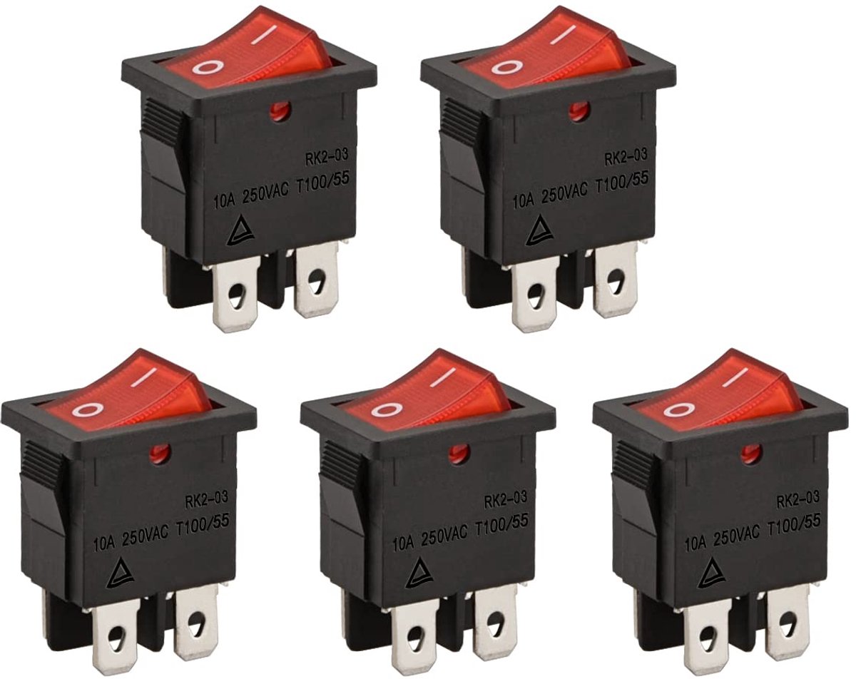 Rechthoek Mini Boot Tuimelschakelaar, RK2-03, DPST, AAN-UIT, 2 Positie, 4 Terminals, Rood Licht, 6A 250VAC, Voor Auto Boot Huishoudelijke Apparaten, 5Pack