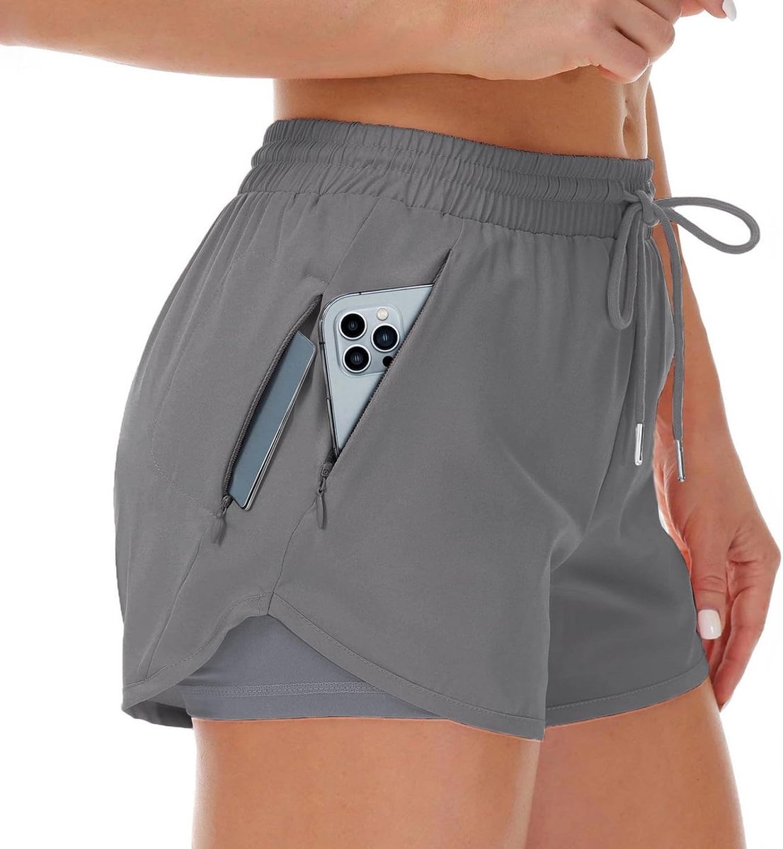 Shorts voor dames met middelhoge taille, 2-in-1 korte sportbroek en hardloopbroek met ritszakken