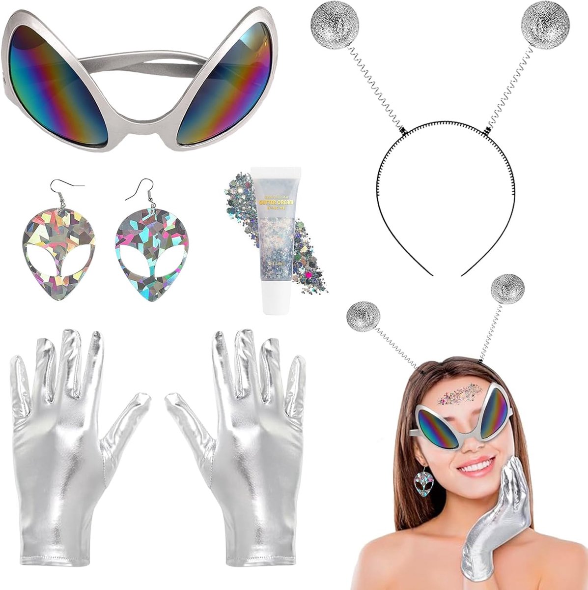 Kostuumset, Alien haarband, bril + handschoenen + glittergel + oorring, Alienkostuum dames, rave outfit, damesverkleding, kostuum, carnaval, Halloween, accessoires