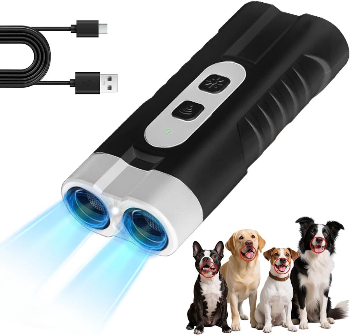 Anti Bell apparaat voor honden, ultrasone hondenafweer, oplaadbaar antibell ultrasoon apparaat, antibell ultrasoon apparaat met 3 instelbare frequenties LED-zaklamp, blafstop voor honden