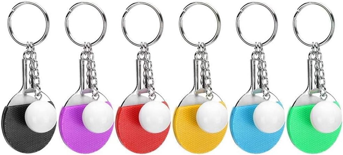 6 stuks Tafeltennis Sleutelhanger, Mini ‑Pong Sleutelhangers met Tafeltennis Racket, Sport Sleutelhanger voor Tassen Rugzak