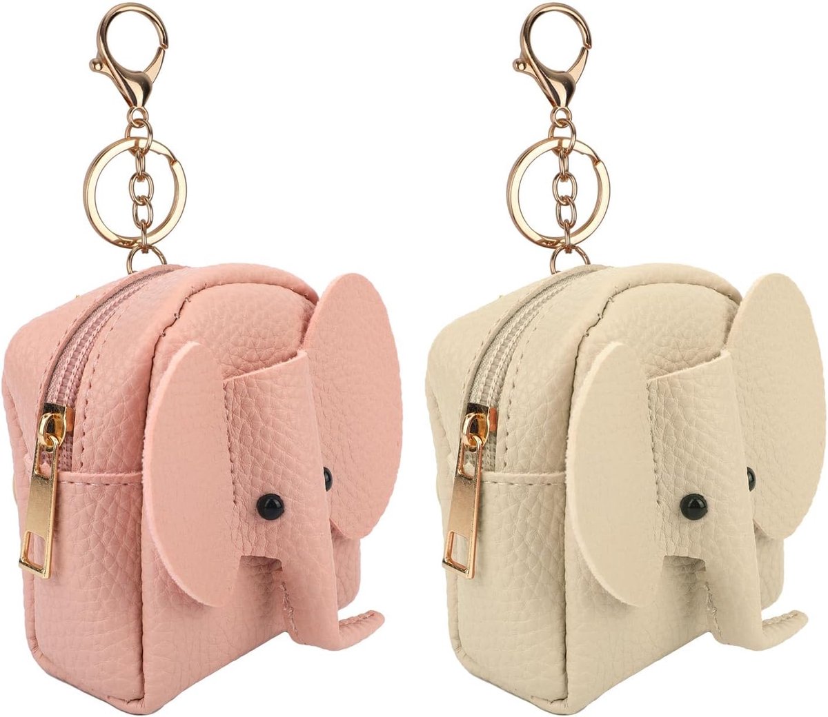 2st Mini Rugzak Sleutelhangers, Leuke Olifant Mini Rugzak Munt Portemonnee PU Leer Vrouwen Kleine Cosmetische Tassen Rits Zakje Sleutelhanger Munt Lippenstift Sleutelkaarten(Roze & Beige)