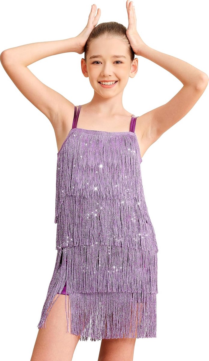 Meisjesjurk met kwastjes, fonkelende vintage dansoutfit voor kinderen, kostuum, Lyrische franjes, dansrok, dubbele gekruiste rug, performance balroom party